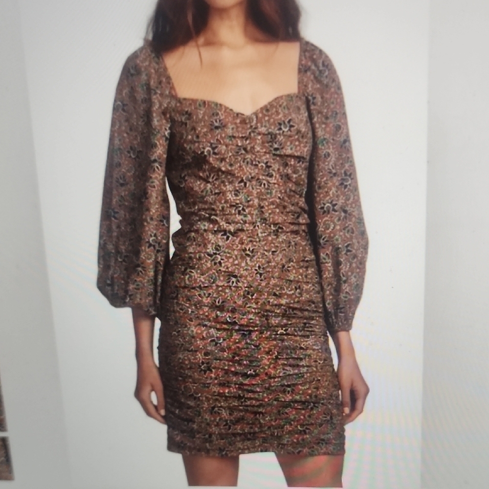 Veronica Beard Nadi Puff Sleeve Minidress Size 12 Cinnamon Multi Ruche